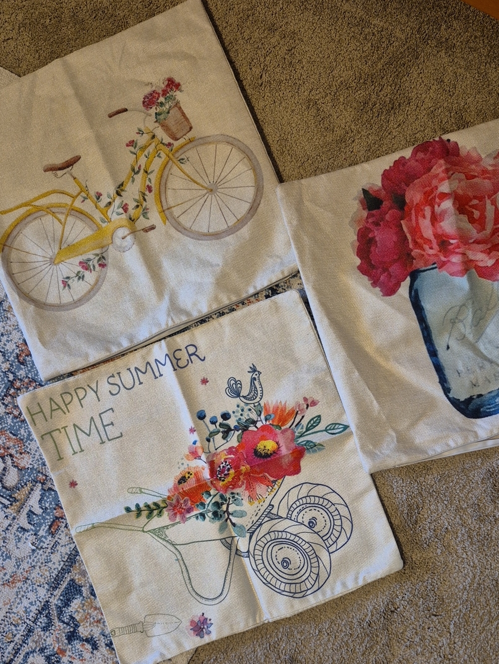 Floral Summer Decorative Pillow Covers - Yellow Bike & Bouquet Prints